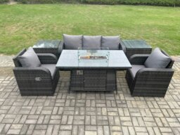 Rackhams Outdoor Rattan Garden Furniture Set Propane Gas Fire Pit Table Burner with Lounge Sofa 2 Side Tables - thumbnail 1