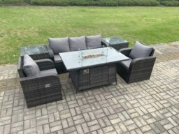 Rackhams Outdoor Rattan Garden Furniture Set Propane Gas Fire Pit Table Burner with Lounge Sofa 2 Side Tables - thumbnail 2
