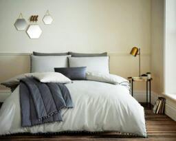 Rackhams Pom Pom Duvet Cover and Pillowcase Set - Grey - King (220cm x 235cm)