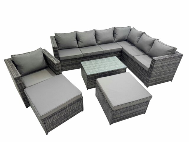 Rackhams Patio Sofa Oblong Coffee Table Set Rattan Garden Furniture Set with 2 Big Stools Chair Dark Grey Mixed - image 1