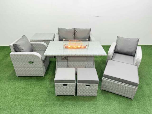 Rackhams Light Grey PE Wicker Rattan Garden Furniture Set Sofa Set Reclining Chair Fire Pit Dining Table 7 Seater 3 Stools Side Table - image 1