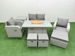 Rackhams Light Grey PE Wicker Rattan Garden Furniture Set Sofa Set Reclining Chair Fire Pit Dining Table 7 Seater 3 Stools Side Table - thumbnail 1
