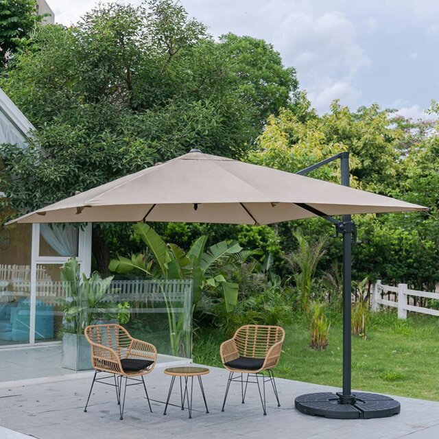 Rackhams 3 x 3M Wide Garden Parasol Outdoor Hanging UV Resistant and Waterproof Umbrella for Patio - Khaki - Parasol + Cross Base + Round Water Tank - image 1