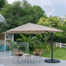 Rackhams 3 x 3M Wide Garden Parasol Outdoor Hanging UV Resistant and Waterproof Umbrella for Patio - Khaki - Parasol + Cross Base + Round Water Tank - thumbnail 1