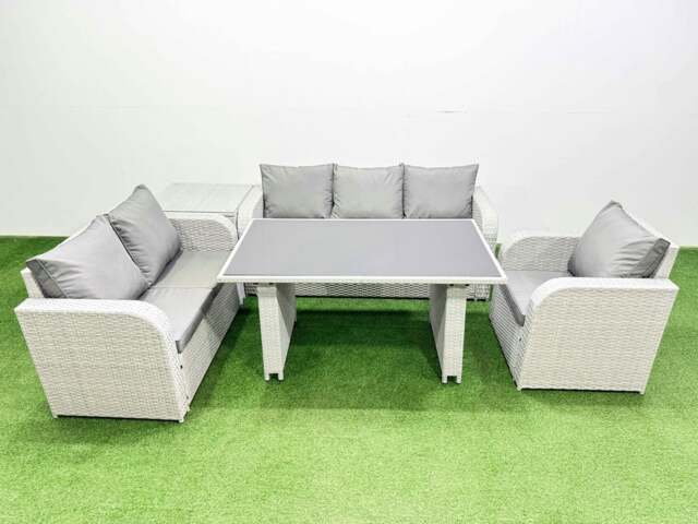 Rackhams Rattan Outdoor Table Reclining Chair Sofa Set with Side Table Light Grey 6 Seater - image 1