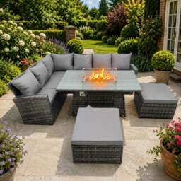 Rackhams Poly Rattan Outdoor Patio Gas Fire Pit Dining Table Corner Sofa Set with 2 Big Stools for Garden Backyard Dark Grey Mixed - thumbnail 1