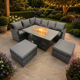 Rackhams Poly Rattan Outdoor Patio Gas Fire Pit Dining Table Corner Sofa Set with 2 Big Stools for Garden Backyard Dark Grey Mixed - thumbnail 2
