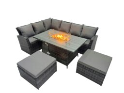 Rackhams Poly Rattan Outdoor Patio Gas Fire Pit Dining Table Corner Sofa Set with 2 Big Stools for Garden Backyard Dark Grey Mixed - thumbnail 2