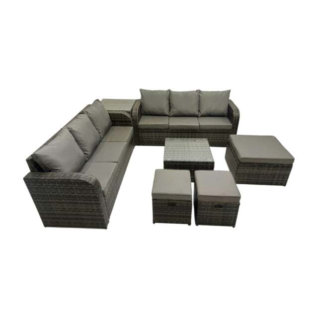 Rackhams Rattan Garden Outdoor Furniture Set 3 Seater Sofa Square Coffee Table Set with Side Table 3 Stools Dark Grey Mixed - image 1