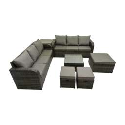 Rackhams Rattan Garden Outdoor Furniture Set 3 Seater Sofa Square Coffee Table Set with Side Table 3 Stools Dark Grey Mixed - thumbnail 1