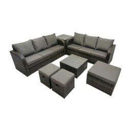 Rackhams Rattan Garden Outdoor Furniture Set 3 Seater Sofa Square Coffee Table Set with Side Table 3 Stools Dark Grey Mixed - thumbnail 2
