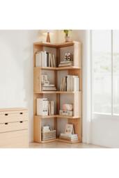 Rackhams 6/5/4-Tier L-shaped Corner Bookshelf Wooden Storage Rack Bookcase Holder Organizer - Natural - M - thumbnail 2