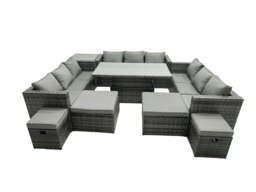 Rackhams Rattan Dining Table Sofa Set with Side Table 4 Stools Outdoor 13 Seat Garden Furniture Set Dark Grey Mixed - thumbnail 1