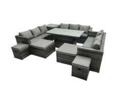 Rackhams Rattan Dining Table Sofa Set with Side Table 4 Stools Outdoor 13 Seat Garden Furniture Set Dark Grey Mixed - thumbnail 2