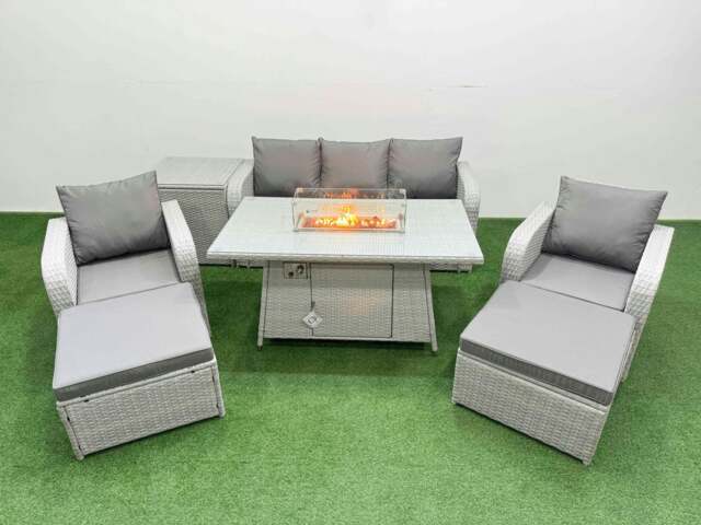 Rackhams PE Rattan Garden Furniture Set Reclining Chair Sofa Lounge Sofa Set Fire Pit Dining Table Side Table 2 Big Footstool Light Grey - image 1