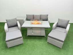 Rackhams PE Rattan Garden Furniture Set Reclining Chair Sofa Lounge Sofa Set Fire Pit Dining Table Side Table 2 Big Footstool Light Grey - thumbnail 1