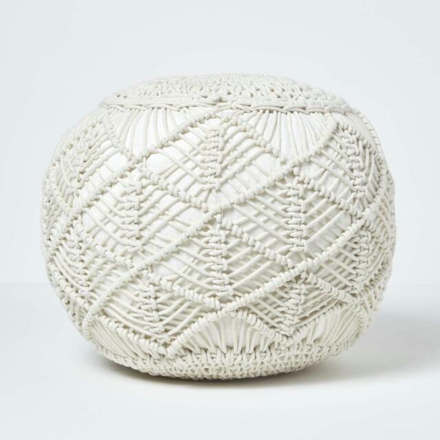 Rackhams Macrame Knitted Pouffe Been Filled Crochet Round Footstool 100% Cotton Braided Design - Natural - 35 x 40 cm - image 1