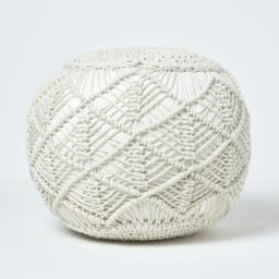 Rackhams Macrame Knitted Pouffe Been Filled Crochet Round Footstool 100% Cotton Braided Design - Natural - 35 x 40 cm
