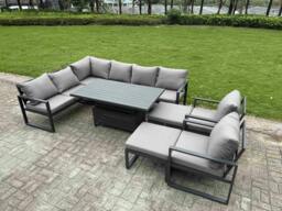 Rackhams 10 Seater Aluminium Garden Furniture Outdoor Conversational Dining Set with Adjustable Rising Lifting Dining Table,2 Big Footstools Dark Grey - thumbnail 1