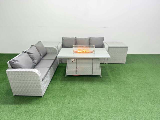 Rackhams Outdoor Garden Furniture Set 6 Seater Rattan Furniture with Fire Pit Dining Table high Back Lounge Sofa 2 Side Table Light Grey - image 1