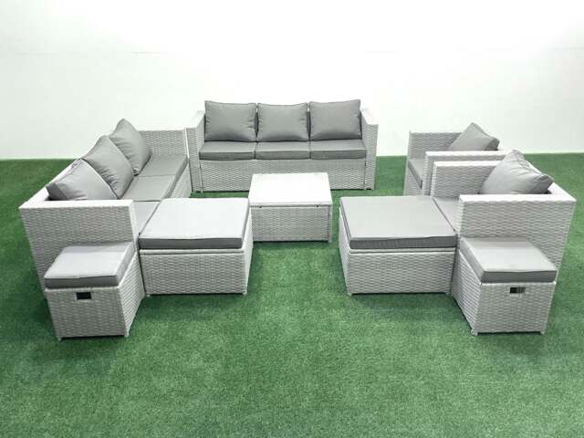 Rackhams Garden Outdoor Furniture Set 12 Seater Rattan Sofa Set with 4 Footstools Light Grey Mixed - image 1
