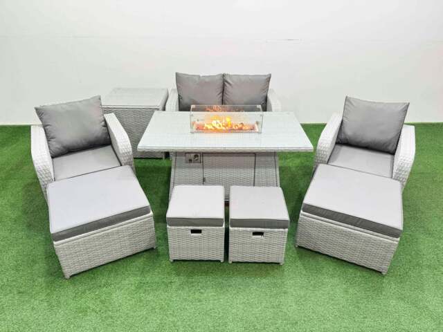 Rackhams PE Rattan Lounge Sofa Set 8 Seater Outdoor Garden Furniture Set with Gas Fire Pit Table Love Sofa 4 Footstools Side Table Light Grey - image 1