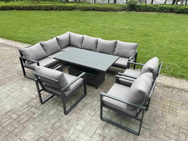 Rackhams 9 Seater Aluminium Garden Furniture Set with Adjustable Rising Dining Table, Corner Sofa & 3 Chairs - Grey
