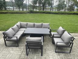Rackhams 9 Seater Aluminium Garden Furniture Set with Adjustable Rising Dining Table, Corner Sofa & 3 Chairs - Grey - thumbnail 2