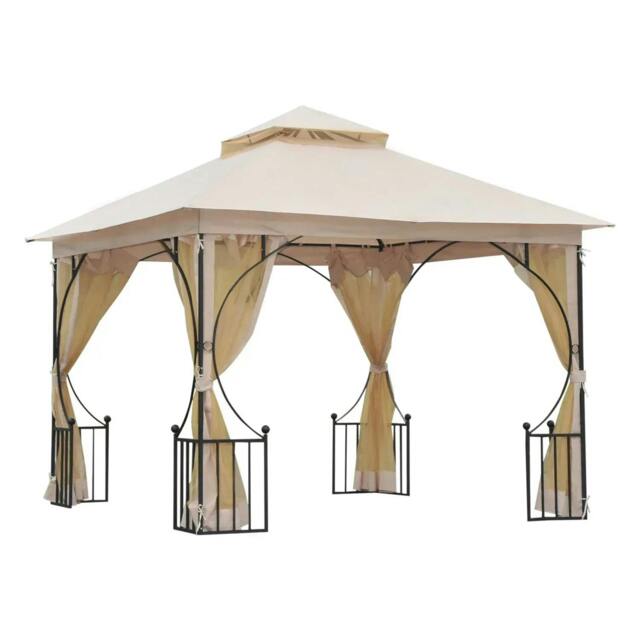 Rackhams 3 x 3(m) Garden Gazebo Patio Party Tent Shelter Outdoor Canopy Double Tier Sun Shade Metal Frame Netting, Beige - image 1