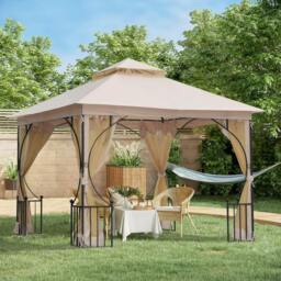 Rackhams 3 x 3(m) Garden Gazebo Patio Party Tent Shelter Outdoor Canopy Double Tier Sun Shade Metal Frame Netting, Beige - thumbnail 2