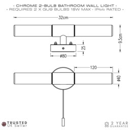 Rackhams Modern Chrome IP44 Rated Bathroom Wall Light Fitting with Tubular Glass Shades - thumbnail 4