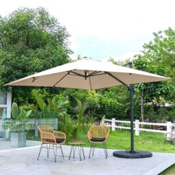 Rackhams 3 x 3 M Taupe Square Cantilever Parasol Outdoor Hanging Umbrella for Garden and Patio - Parasol + Cross Base + Round Water Tank