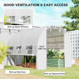 Rackhams Walk-in Polytunnel Greenhouse Green House with Roll-up Sidewalls, UV-resistant PE Cover, 3 x 2 x 2m, White - thumbnail 4