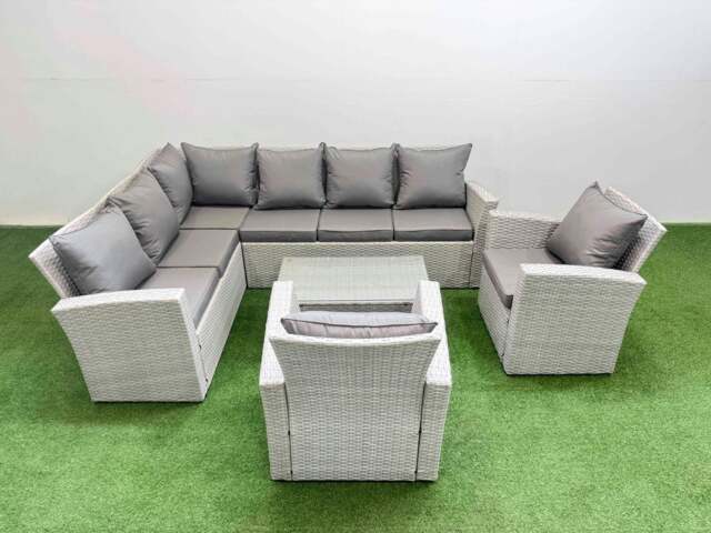 Rackhams 8 Seater Garden Outdoor PE Rattan Furniture Set Rattan Garden Sofa Set with 2 Chair Light Grey Mixed - image 1