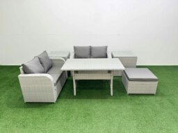 Rackhams 5 Seater Outdoor Love Sofa Set Rattan Garden Furniture Set with Rectangular Dining Table Big Footstool 2 Side Tables Light Grey - thumbnail 1
