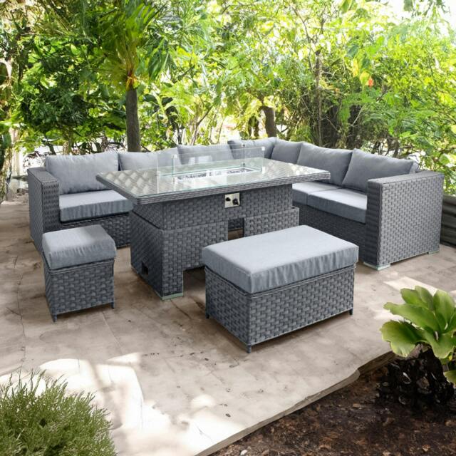 Rackhams Buxton Rattan 9 Seat Rising Firepit Corner Set in Ocean Grey with Grey Cushions & Free Rain Cover - Ocean Grey - 9 Seat
