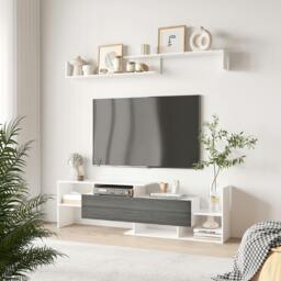 Rackhams TV Cabinet Unit w/ Wall-Mounted Shelf, Open Shelves Black and Brown - thumbnail 1