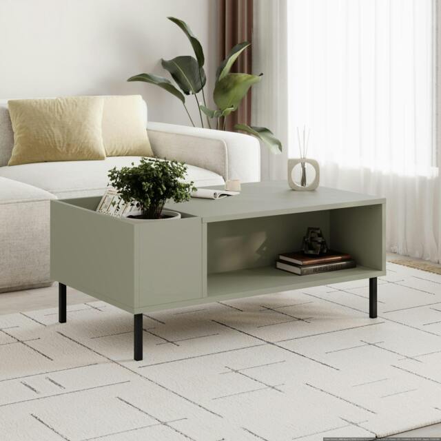 Rackhams Modern Coffee Table 100cm with Vertical Planter Shelf & Open Storage Tray Table Black Metal Legs,Living Room, Ash Green - Ash Green - image 1