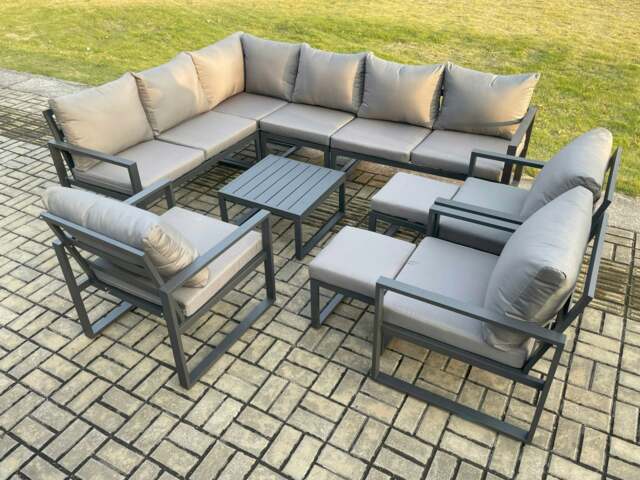 Rackhams 11 Seater Aluminium Garden Furniture Set Outdoor Lounge Corner Sofa 3 Pcs Chair Square Coffee Table Sets with 2 Small Footstools Dark Grey