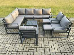 Rackhams 11 Seater Aluminium Garden Furniture Set Outdoor Lounge Corner Sofa 3 Pcs Chair Square Coffee Table Sets with 2 Small Footstools Dark Grey - thumbnail 2