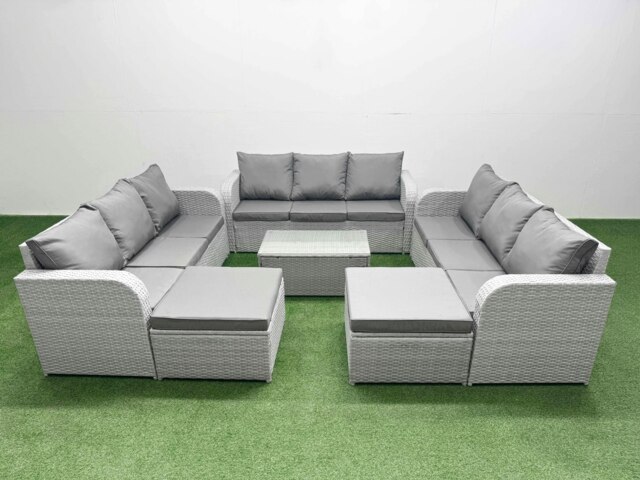 Rackhams PE Rattan Lounge Sofa Set 11 Seater Outdoor Garden Furniture Set with Rectangular Coffee Table 3 Seater Sofa 2 Big Footstools Light Grey - image 1