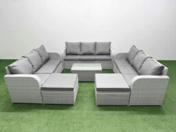 Rackhams PE Rattan Lounge Sofa Set 11 Seater Outdoor Garden Furniture Set with Rectangular Coffee Table 3 Seater Sofa 2 Big Footstools Light Grey - thumbnail 1