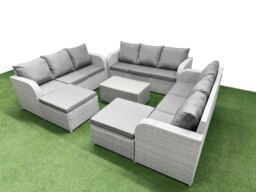 Rackhams PE Rattan Lounge Sofa Set 11 Seater Outdoor Garden Furniture Set with Rectangular Coffee Table 3 Seater Sofa 2 Big Footstools Light Grey - thumbnail 2