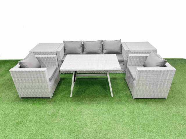 Rackhams Outdoor PE Rattan Sofa Armchair Set Patio Garden Furniture Sets with Cushions 2 Side Tables Light Grey 7 Pieces - image 1