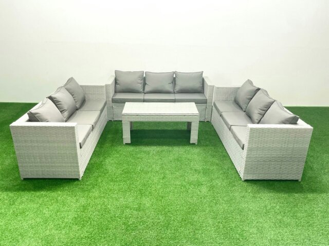Rackhams Rattan Garden Outdoor Furniture Set 9 Seater Garden Sofa Oblong Coffee Table Set Light Grey Mixed - image 1