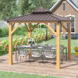 Rackhams 3x(3)M Double-Tier Hardtop Gazebo, Outdoor Patio Shelter, Brown - Brown - Galvanised Steel, Fir Wood - 300cm x 300cm x 300cm - thumbnail 1