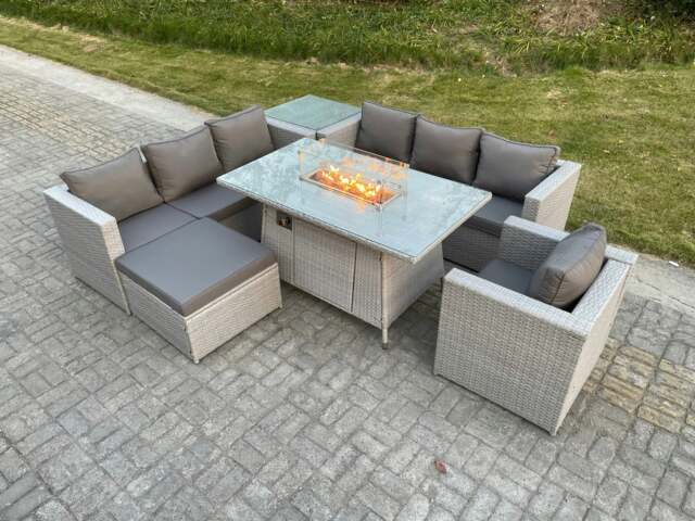 Rackhams Light Grey Rattan Fire Pit Garden Furniture Set Gas Heater Burner Lounge Sofa With Side Coffee Table Big Footstool Chair - image 1