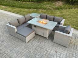 Rackhams Light Grey Rattan Fire Pit Garden Furniture Set Gas Heater Burner Lounge Sofa With Side Coffee Table Big Footstool Chair - thumbnail 2