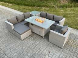 Rackhams Light Grey Rattan Fire Pit Garden Furniture Set Gas Heater Burner Lounge Sofa With Side Coffee Table Big Footstool Chair - thumbnail 1