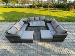 Rackhams Rattan Garden Furniture Set 11 Seater Patio Outdoor Lounge Sofa Set with 2 Side Tables Rectangular Dining Table 2 Big Footstool Dark Grey Mixed - thumbnail 1